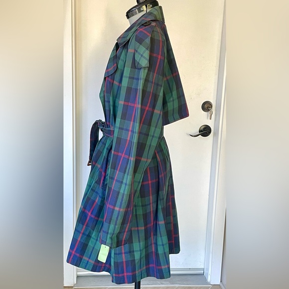 Vintage 80s? Plaid Belted Trench Coat, full shoulders, blue/green/red, sz12 - Picture 5 of 12